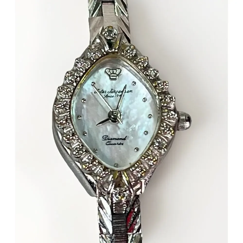 Vintage Jules Jurgensen Silver Tone Quartz Watch Diamond Bezel Women's Bracelet